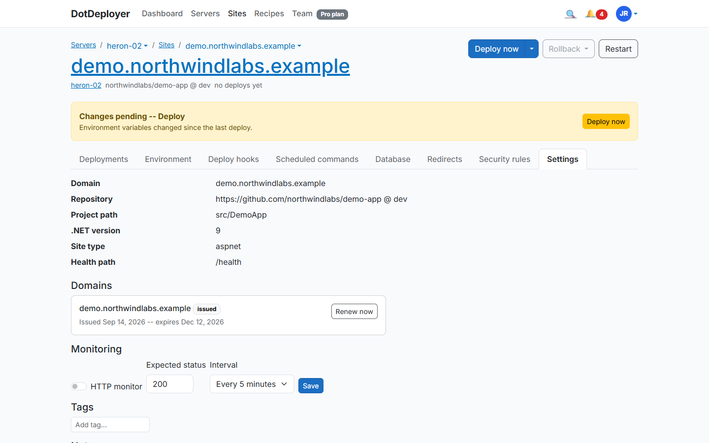 A site's Settings screen with the domain and HTTPS certificate